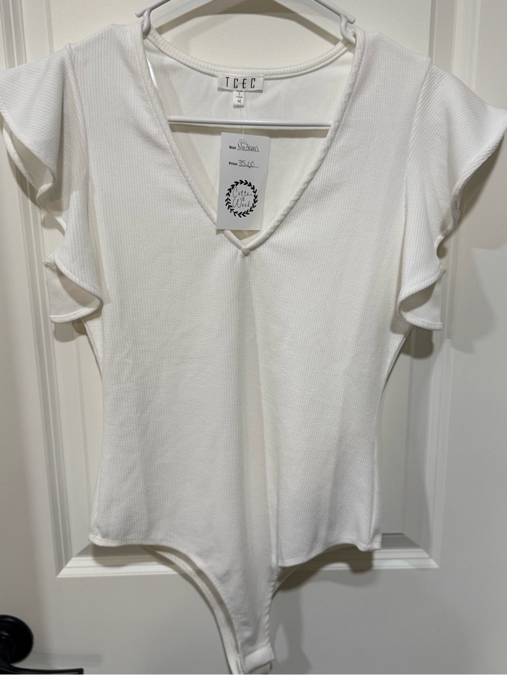 TCEC White V-Neck Ruffle Sleeve Bodysuit Never Worn